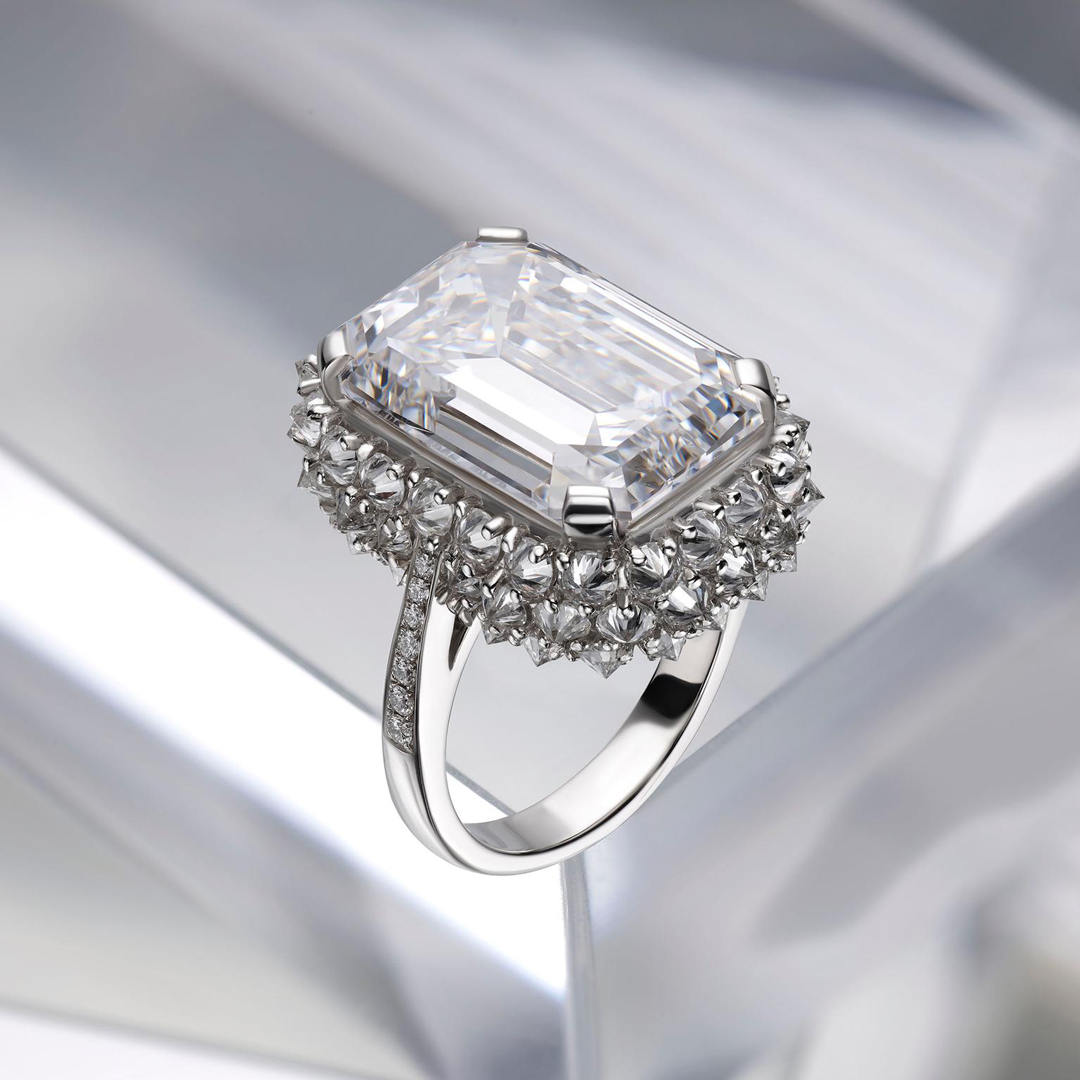 Moissanite Reverse Set Pavé Emerald Cut Diamond Ring