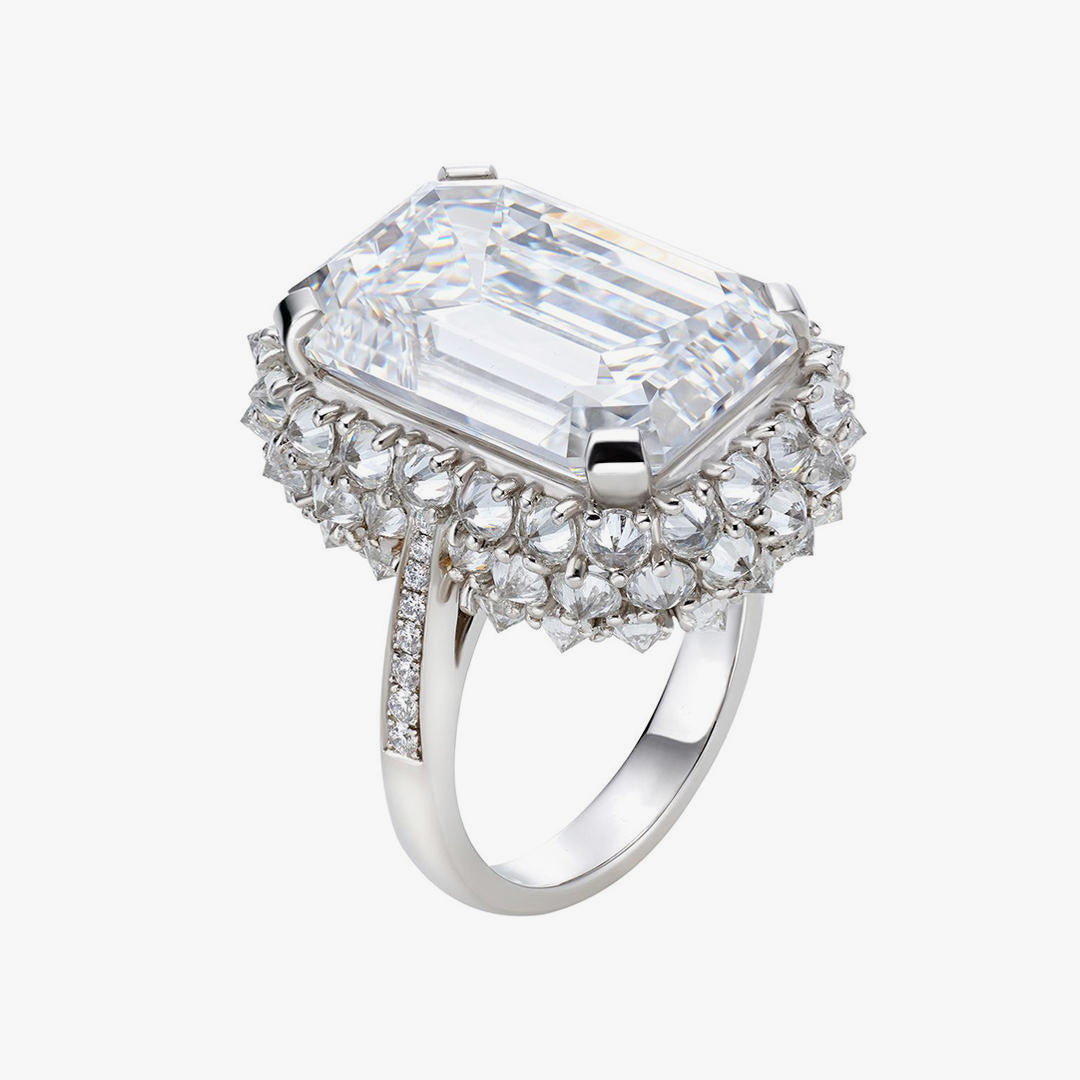 Moissanite Reverse Set Pavé Emerald Cut Diamond Ring