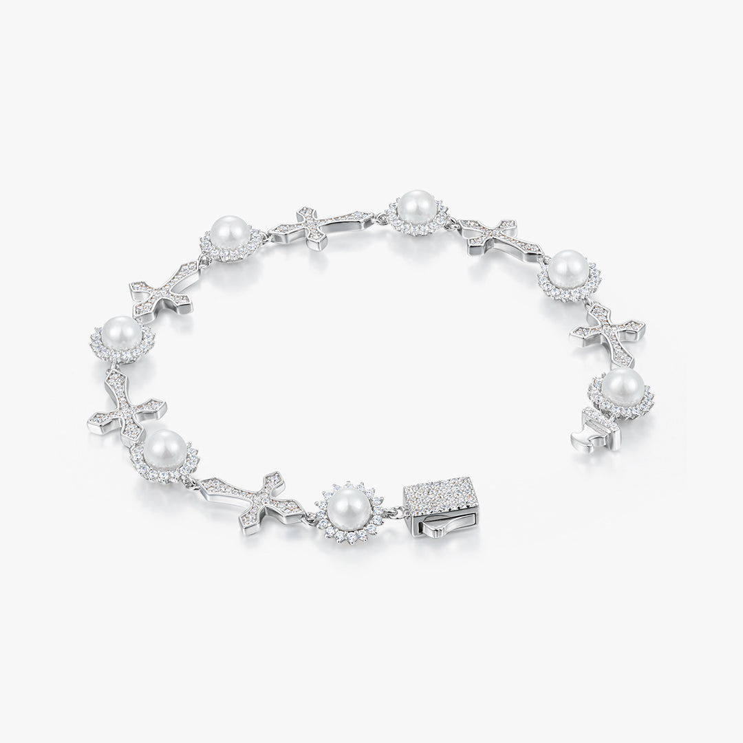 Moissanite S925 Pearl & Cross Bracelet